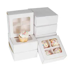 보기 창과 컵 케이크 상자 크래프트 종이 4 구멍 머핀 상자 비스킷 용 판지 케이크 상자 마카롱 케이크