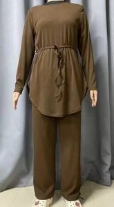 Ensemble en tricot côtelé pour femmes musulmanes modestes YXO020 - <span class=keywords><strong>Tunique</strong></span> à ceinture et pantalon large avec écharpe en jersey Lugid - Product Image 4