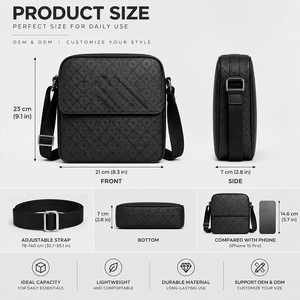 Sac bandoulière homme en cuir PU noir gaufré personnalisé OEM ODM, sac messager minimaliste à rabat, faible MOQ 100 - Product Image 3