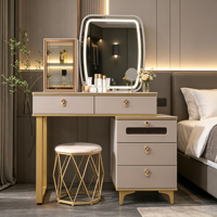 Coiffeuse moderne en bois massif de luxe durable avec miroir éclairé, tiroirs de rangement multifonctionnels et tabouret pour chambre à coucher