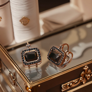 Black Copper Cyberpunk Square Zircon Hoop <strong>Earrings</strong>-Trendy Light Luxury Korean Style With Edgy Elegance - Product Image 2