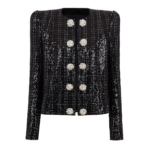 2025 <span class=keywords><strong>vestiti</strong></span> da donna alla moda Blazer nero a due pezzi con bottoni di strass con paillettes giacca a maniche lunghe e minigonna di Tweed Set - Product Image 4