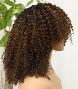Pelucas de <span class=keywords><strong>Cabello</strong></span> Humano Afro Rizado con Reflejos Marrones y Flequillo, Listas para Usar, Sin Pegamento, Peluca Corta Rizada, Hecha a Máquina - Product Image 4