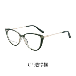 Montures de lunettes œil-de-chat Tr90 C7 vertes transparentes avec protection anti-lumière bleue, verres plats, monture complète en métal Tr90 - Product Image 1