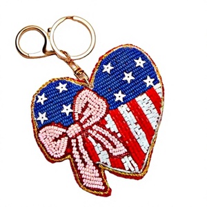 Heart Shape American Flag Beaded <b>Keychain</b> Stainless Steel <b>Carabiner</b> Durable Classic Style Woven Design National Day Accessory - Product Image 3