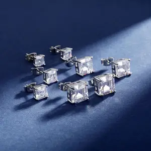 Anting-anting kancing berlian minimalis perhiasan empat lapis batu CZ anting-anting kancing potongan persegi zirkon untuk pria wanita