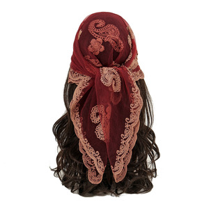 <span class=keywords><strong>Foulard</strong></span> carré brodé en dentelle OEM, motif rose/camélia, en Tencel, Hijab ethnique d'Asie centrale, Voile musulman élégant et doux - Product Image 2