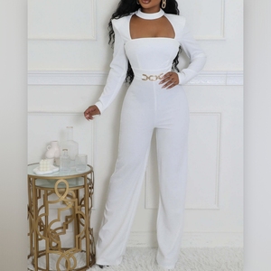 Mono elegante de mujer con cuello tipo bufanda, manga larga y pierna ancha, a la moda - Product Image 3