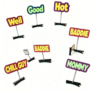 Clips à cheveux personnalisés en acrylique imprimés UV avec des mots - Noir/Blanc, avec des pousses amusantes, des phrases tendance, des expressions slang, pour festivals, concerts, style mignon - Product Image 1