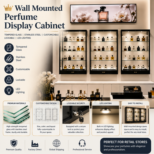 Stainless Steel & Glass Door Lockable Wall-Mounted Perfume Display Cabinet with LED Lighting and Waterproof Design