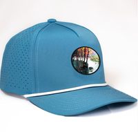 Casquette de golf 5 panneaux tendance, imperméable, en polyester, avec logo personnalisé tissé, découpe laser, casquette de baseball sportive avec cordon
