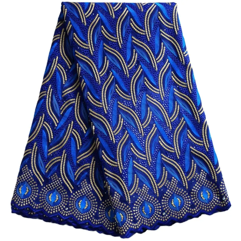 नवीनतम अफ्रीकी शाही नीले रंग की पोशाक फीता कपड़े कपास कढ़ाई छेद नाइजीरियाई स्विस Voile लेस कपड़े सिलाई के लिए पत्थर 2266