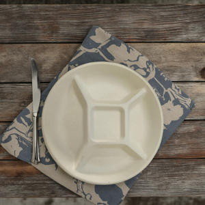 Assiettes blanches et brunes jetables biodégradables rondes à 5 compartiments Plat en papier jetable à base de canne à sucre et de <span class=keywords><strong>bambou</strong></span> - Product Image 5
