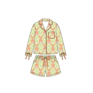 Pyjamas de Pâques personnalisés pour enfants, imprimé lapin et œuf mignon sur toute la surface, haut à manches longues boutonné, short à taille élastique - Product Image 2