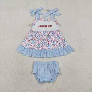 RTS American Girl Flag <b>Bows</b> Embroidery Casual Breathable Kids Tunic Shirt Bummie 2-Piece Outfit Cute Toddler <b>Newborn</b> Baby Girl - Product Image 1