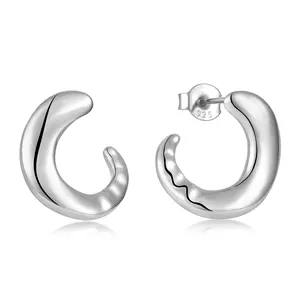 Simple Delicate Sterling Silver Bohemian Jewelry Thick Geometric C Shaped Circle Solid Hoop Earrings For Women