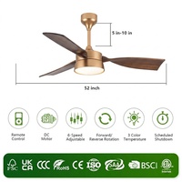 Ventilateurs de plafond décoratifs à LED avec pales en bois massif de 52 pouces, télécommande, moteur BLDC à économie d'énergie, commande intelligente en option