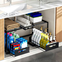 D5671 Organisateur sous évier extensible grande capacité à 2 niveaux avec panier coulissant pour outils de nettoyage et serviettes