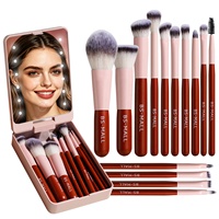 Ensemble de 14 pinceaux de maquillage portables de voyage avec miroir lumineux LED, poils synthétiques, pinceaux cosmétiques pour le visage, vente en gros sous marque privée