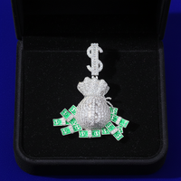 Pendentif Sac d'argent Moissanite VVS Iced Out, Plaqué Rhodium, Symbole Dollar, Style Hip Hop, Effet 3D, Bijoux Streetwear