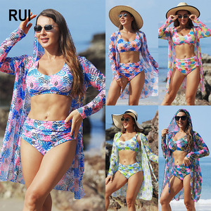 RUIQUWIN Nouveauté Été Maillot de bain 3 pièces grande taille pour femme, avec haut à capuche push-up et cache-maillot en maille à imprimé floral, vente en gros - Product Image 1