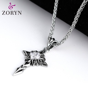 Colliers pendentifs en acier inoxydable, motif <span class=keywords><strong>épée</strong></span>, <span class=keywords><strong>bouclier</strong></span> <span class=keywords><strong>et</strong></span> crâne de guerrier médiéval, style punk gothique vintage, bijoux de mode en acier titane pour hommes - Product Image 4