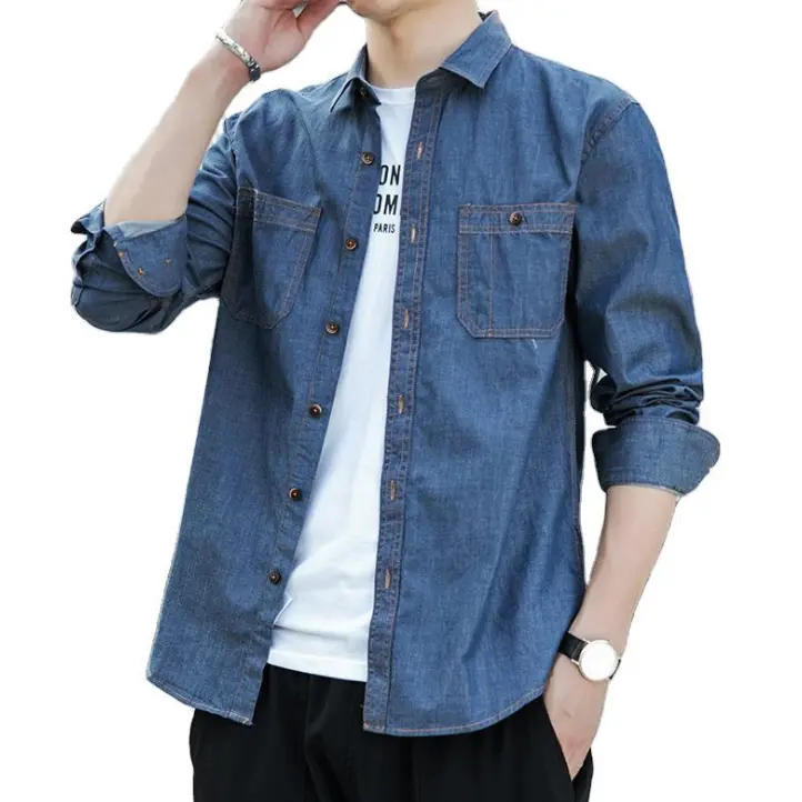 OEM Pure Cotton Chambray Slim Fit Two Pockets Long Sleeve Casual Washed Denim Shirt For Men