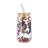 Mug en verre borosilicate soufflé à la main à double paroi avec intercouche de fleurs séchées, résistant à la chaleur, capacité 300 ml pour café et boissons froides