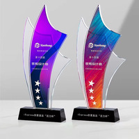 Trophée en cristal personnalisé avec logo, forme flamme, impression UV, base noire, plaque de reconnaissance d'entreprise personnalisée, vente en gros