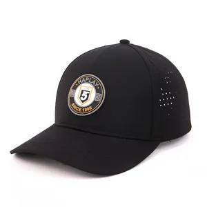 Custom 5 Panel Rubber Patch Baseball Cap Waterproof Laser Cut Hole Perforated Hat Sport Dad Hat