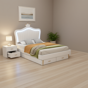 Lit plateforme moderne Db, taille double, cadre blanc, tête de lit capitonnée, lumières LED, style princesse - Product Image 2