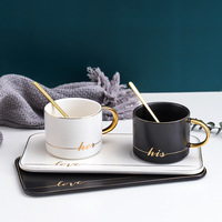 Ensemble de tasse et d'assiette en porcelaine avec cuillère en or, tasse de couple noir et blanc pour café/thé