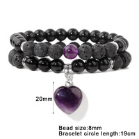 Bracelets unisexes de guérison avec breloque cœur perlée de 8 mm, perles de pierre de lave pour huiles essentielles, ensemble de bracelets de yoga, cadeau