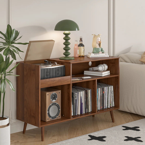 <b>Record</b> Player <b>Stand</b> with Charging & Usb Ports Mid Modern Vinyl Storage Cabinet Walnut Turntable Table Power - Product Image 1