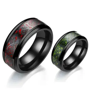 8mm Men's Stainless Steel Celtic Dragon Ring Inlay Red Green Black Carbon Fiber ring Wedding Band Jewelry