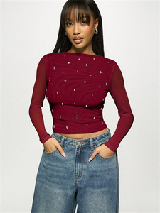 New Womens Mesh Long Sleeved Slim Solid Color <strong>T</strong> <strong>Shirt</strong> with Sequin Decoration <strong>Sparkly</strong> Party Night Out Bodycon - Product Image 4