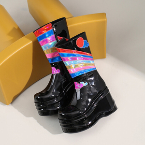 Bottes mi-hautes pour femmes, à talon épais, bout rond, avec fermeture éclair latérale, imprimé coloré, style mode, noires, taille 44 - Product Image 5