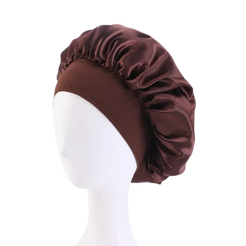 Faible quantité minimale de commande couleurs unies cheveux nuit sommeil chapeau élastique large bande Satin Bonnets pour femmes soins des cheveux bouclés