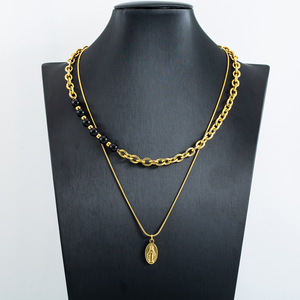 Collar de doble capa de acero inoxidable con cuentas doradas de la Virgen María, diseño de cadena con monedas, joyería para hombre - Product Image 4