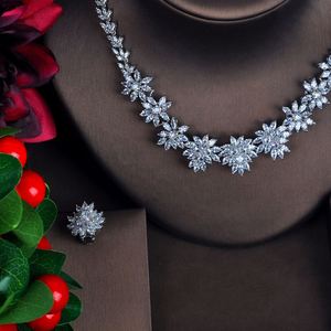 HIBRIDE, Pendientes de piedra CZ de corte Marquesa transparente de lujo, conjuntos de joyería de boda, collar de pendientes con forma de flor, bisutería Brincos de joyería para boda, N-632 - Product Image 3