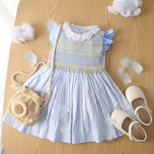 Exquisite Geometric Spring Casual Girls' Hand Smocked OEKO-<b>TEX</b> Certified 100% Cotton A-Line Midi Puff Sleeve OEM ODM BB1720 - Product Image 3