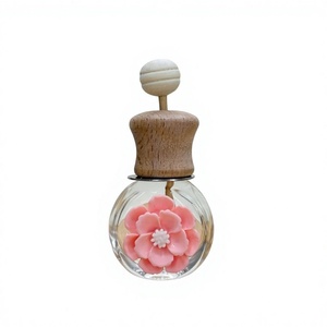 Empty round glass car air freshener Diffuser vent clip with screw cap <b>Pink</b> flower glass <b>bottle</b> - Product Image 1