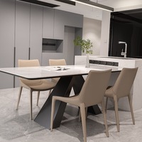 Table à manger rectangulaire moderne en pierre frittée avec plateau en marbre, base en acier au carbone, design écologique, durable et imperméable, pour hôtel et villa