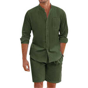 Conjunto Masculino Casual de Verão de 2 Peças para Praia Camisa de Botão em Poliéster Shorts de Manga Comprida Cardigã Respirável - Product Image 5