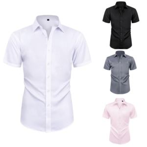 Camisas <span class=keywords><strong>de</strong></span> vestir elásticas <span class=keywords><strong>de</strong></span> cuatro lados para hombre, camisas informales formales antiarrugas sin hierro para hombre, ropa <span class=keywords><strong>de</strong></span> manga corta <span class=keywords><strong>de</strong></span> negocios para hombre - Product Image 1