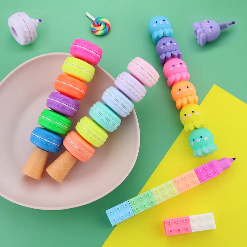 2022 New Design Highlighter Pen Stackable Simulation Of Macron'S Small Octopus Building Blocks Shape Plastic Text Markers Pen