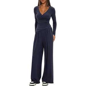 Women's Solid Color 2-Piece Casual Set: V-Neck Long-Sleeve Top with Wide-Leg <strong>Pants</strong> Paired with Athletic Set - Product Image 6
