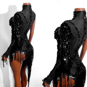 Body Sexy Negro con Flecos, Malla Elástica, Asimétrico, de un Solo Hombro, con Lentejuelas y Borlas, para Baile Latino, Samba, Festivales y Actuaciones - Product Image 2