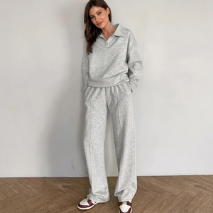 Ensemble 2 pièces en tricot gris pour femme, coupe ample, manches longues, couleur unie, col rabattu, sweat-shirt respirant en polaire - Product Image 1