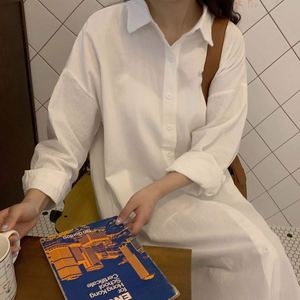 Robe chemise ample vintage en coton et lin respirant pour femme, à boutonnage simple, manches longues, idéale pour le printemps et l'été, style décontracté - Product Image 5